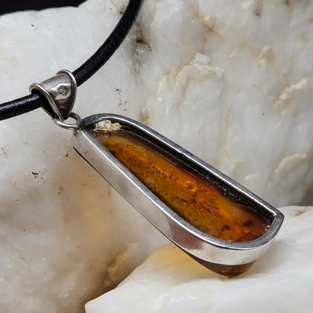 Amber Jewelry Sterling Silver 925 Natural AMBER Pendant Leather Necklace